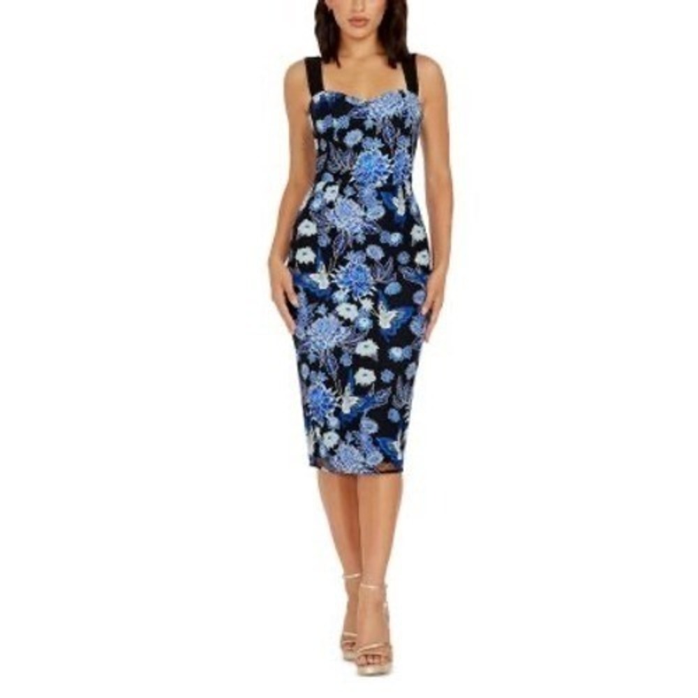 Dress the Population Nicole Floral Cobalt Embroidered Sheath Dress XXS NWT